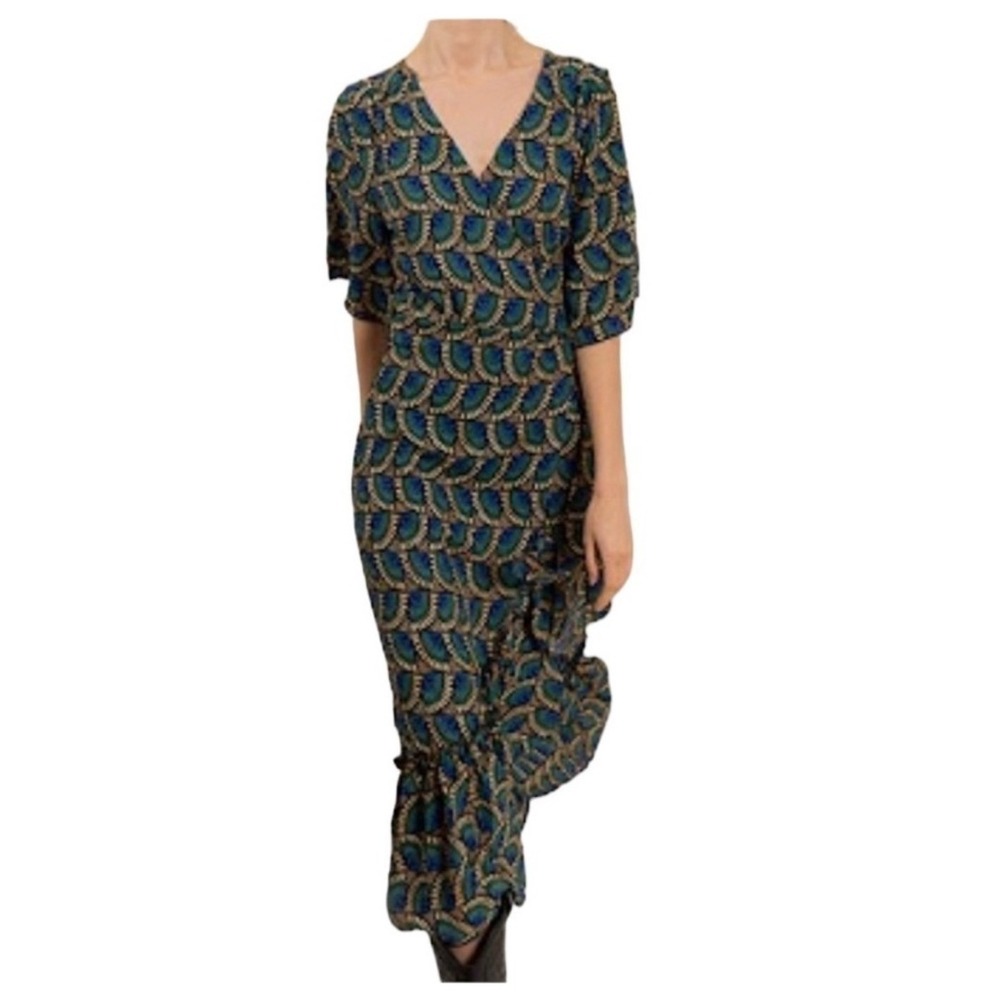 Silk & Salt Midi Wrap Dress Blue Teal Geometric Fan Print Ruffle Western Small